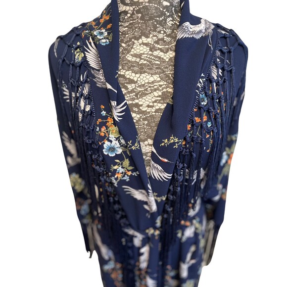 Jennafer Grace Kimono Robe Designer Handmade Blue Cranes Floral Fringe Boho S M - Picture 13 of 15